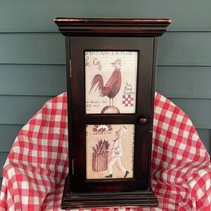 Solid Dark Wooden Cabinet with 2 Shelves & Glass Covered Rooster & Chef Pictures